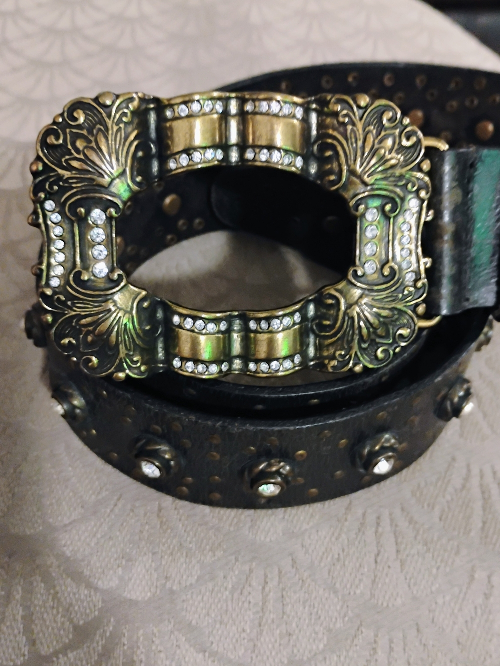Guess Black Leather Belt with Ornate Antiqued Gold Buckle and Crystal Accents